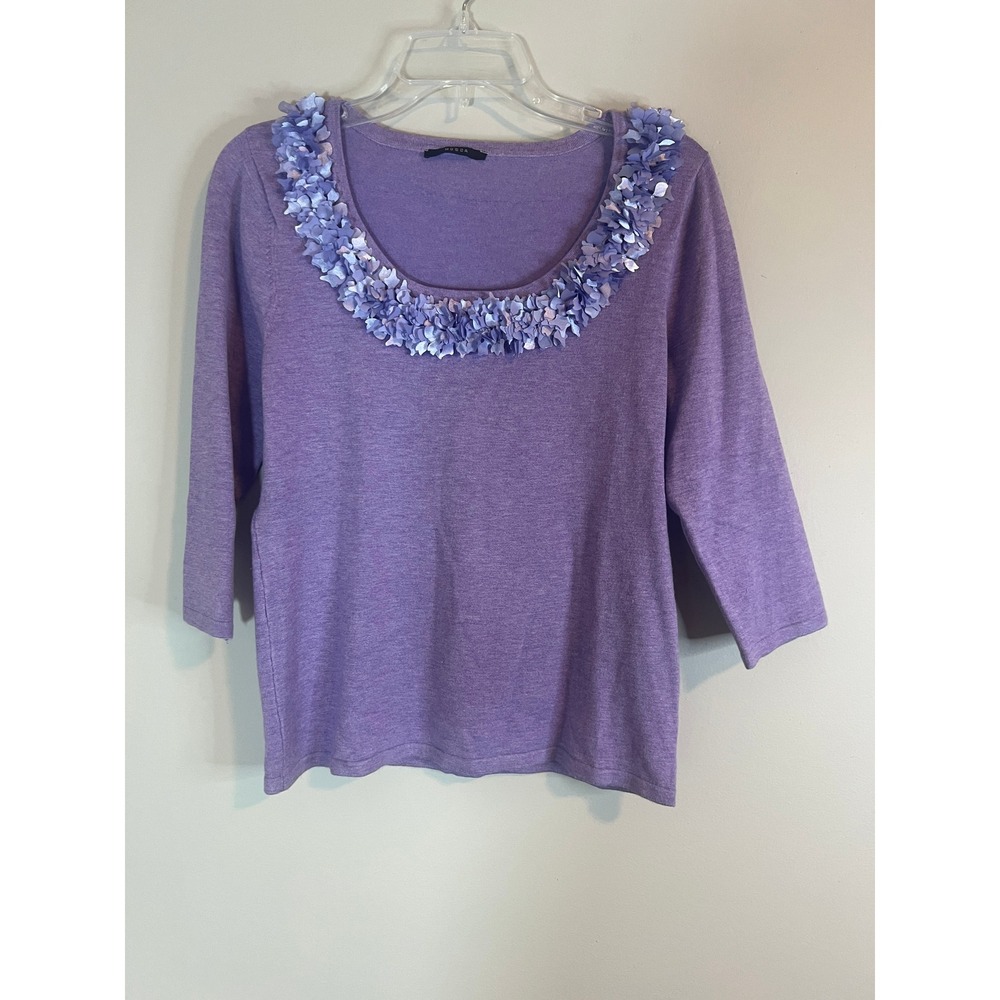 Mosca Womens Lavender Purple 3D Floral Petal Neck Knit Top 3/4 Sleeve RN 105142